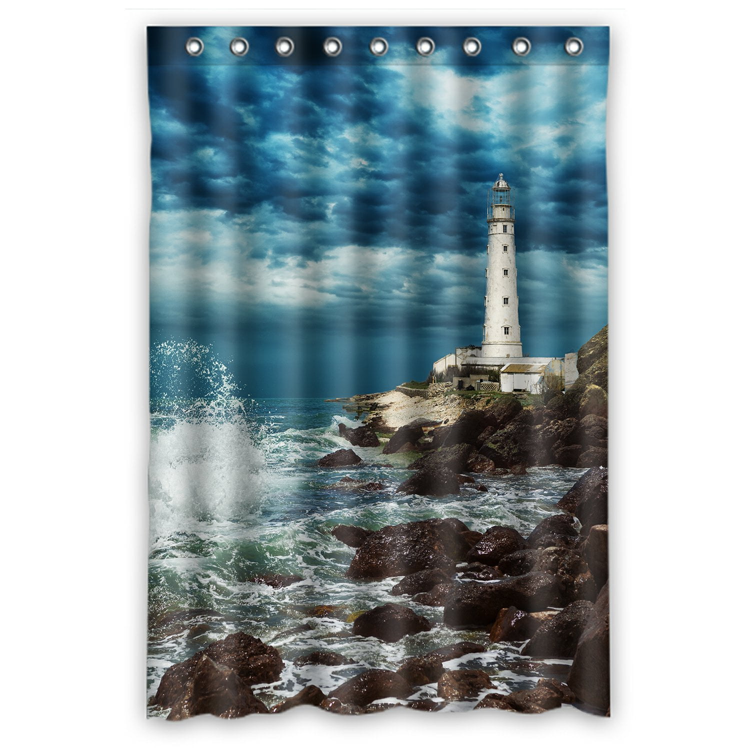 PHFZK Nautical Beach Shower Curtain, Lighthouse Ocean Wave Rocky
