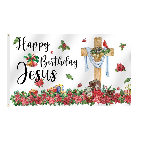 shiyou-Religious Jesus Christmas Flags for Outside 3x5 Ft, Happy Birthday Jesus Winter Yard Flag, Christian Cross Poinsettia Cardinal Flag, Jesus Nativity Banner for Xmas Party Supplies