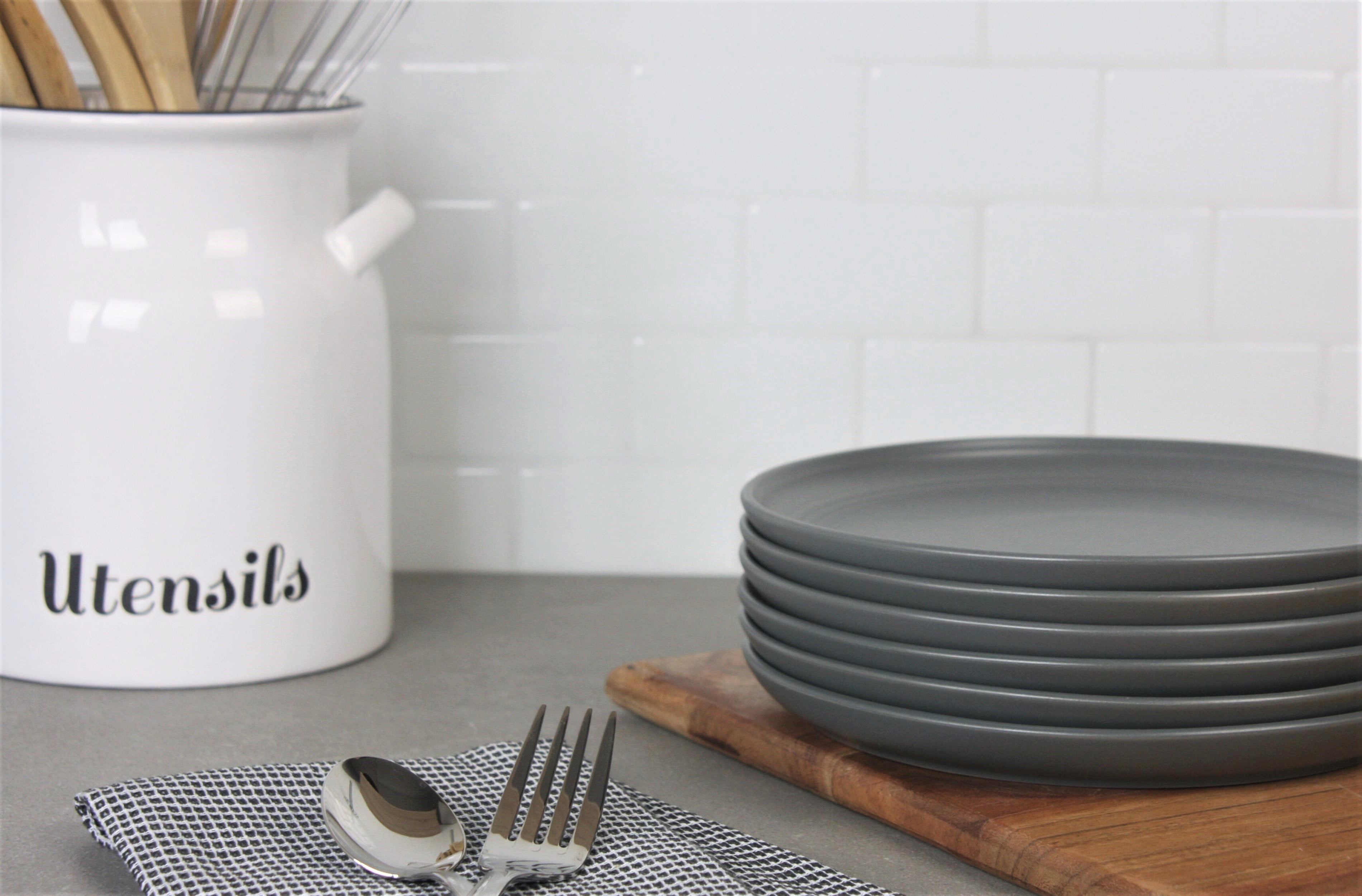 10 Strawberry Street Double Line 8.25" Round Stoneware Salad Plate, Set of 6, Matte Gray