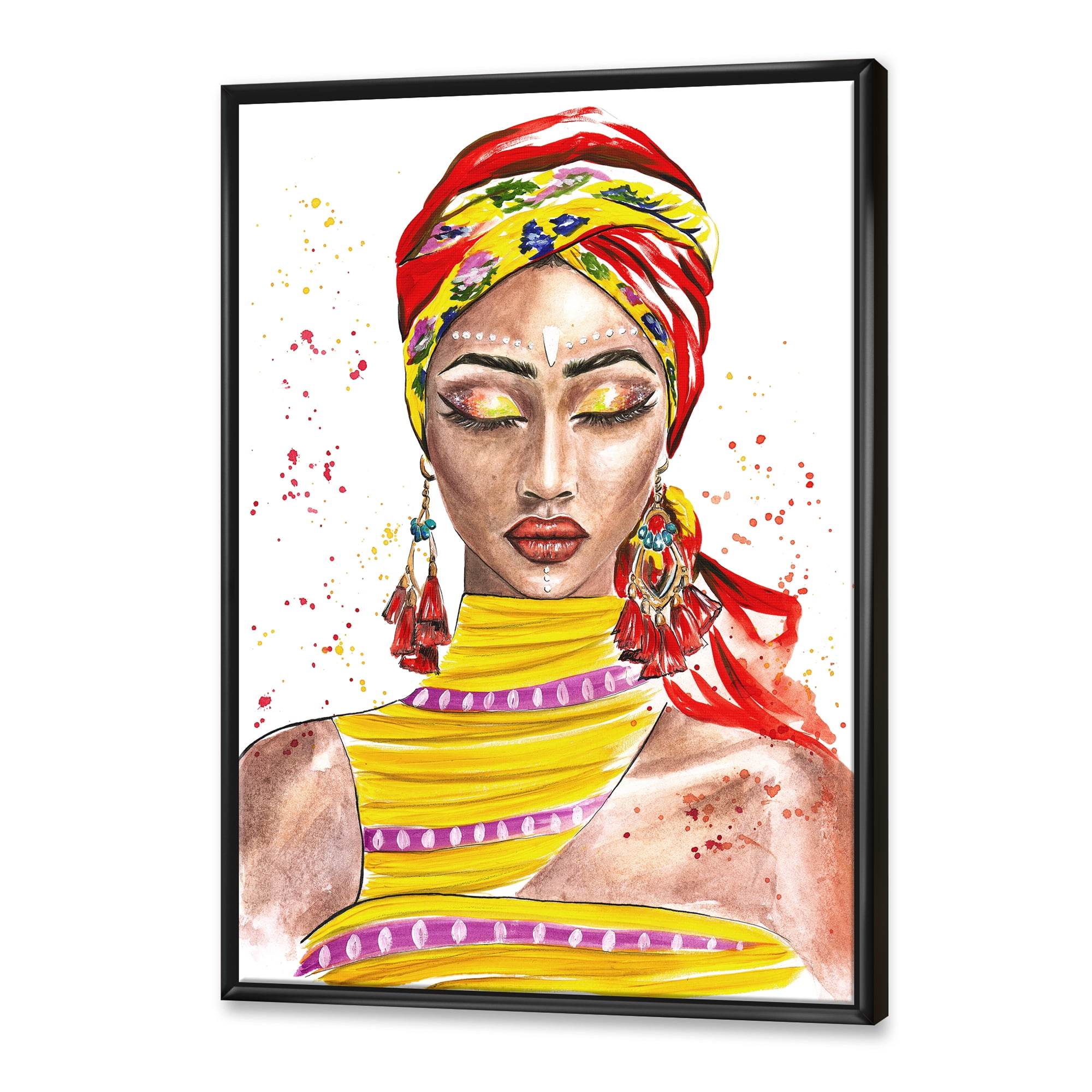Designart 'Exotic Colorful Portrait of Afro American Woman' Traditional Framed Canvas Wall Art Print