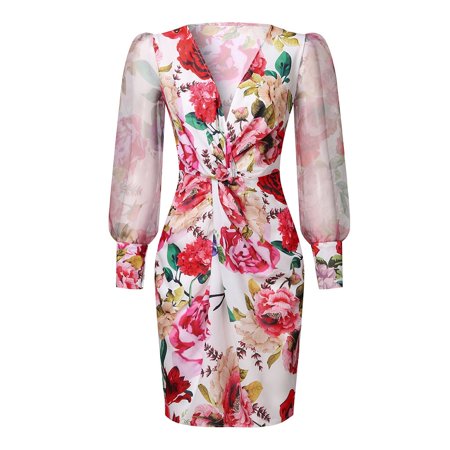 RYDCOT Women Long Sleeve V-Neck Vestido Corto Estampado Mini Dress Holiday