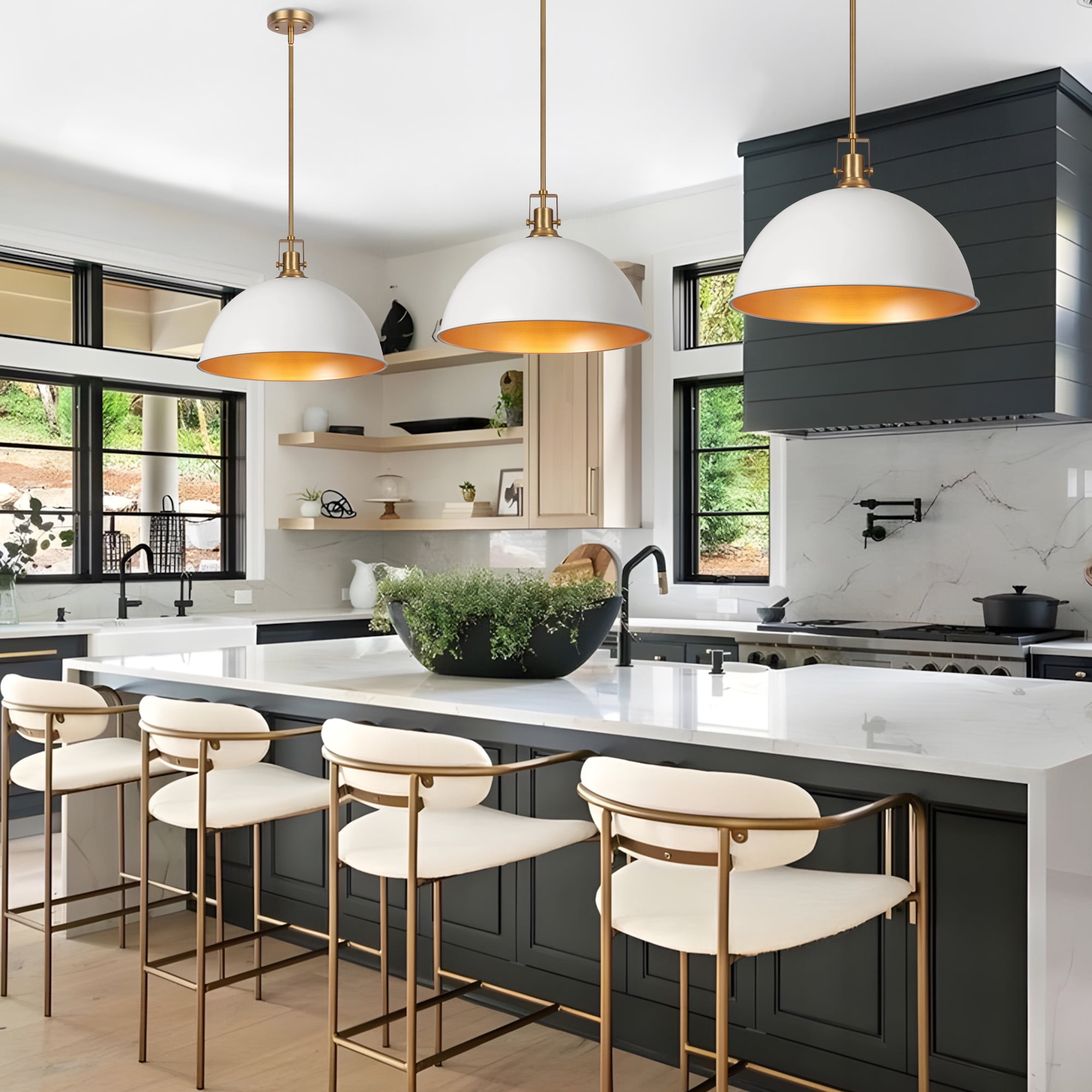 Modern Pendant Light, 18"Farmhouse Pendant Light Industrial Large Dome White and Gold Chandelier Ceiling Hanging Lighting for Dining Room Kitchen Island Bar Hallway Entryway