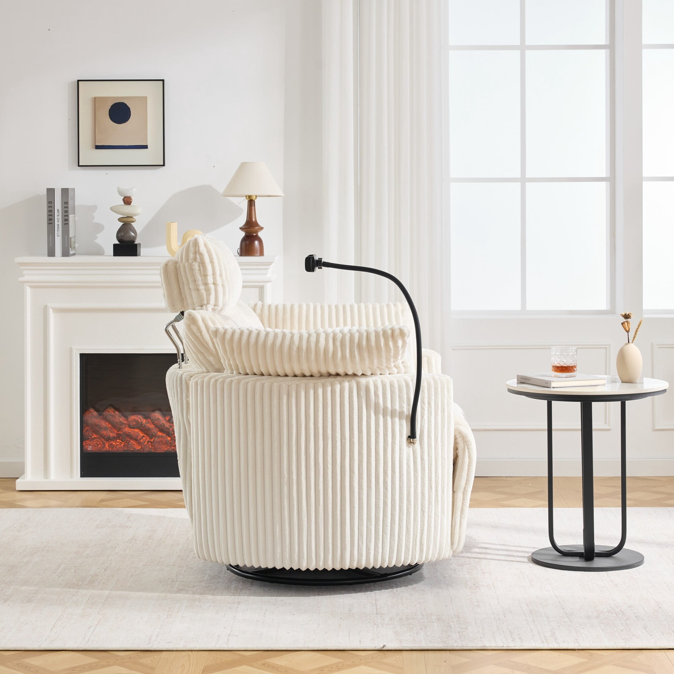 Noble House Sigrid 360° Swivel Rocking Recliner Chair, Electric Power Adjustable Corduroy Armchair with USB, White