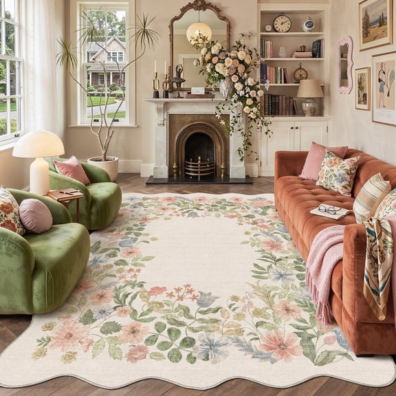 BERTHMEER 5'X7' Scalloped Washable Area Rugs for Living Room Vintage Soft Beige Bedroom Floral Farmhouse Dining Room Oriental Traditional Low-Pile Non-Slip Flower Carpets