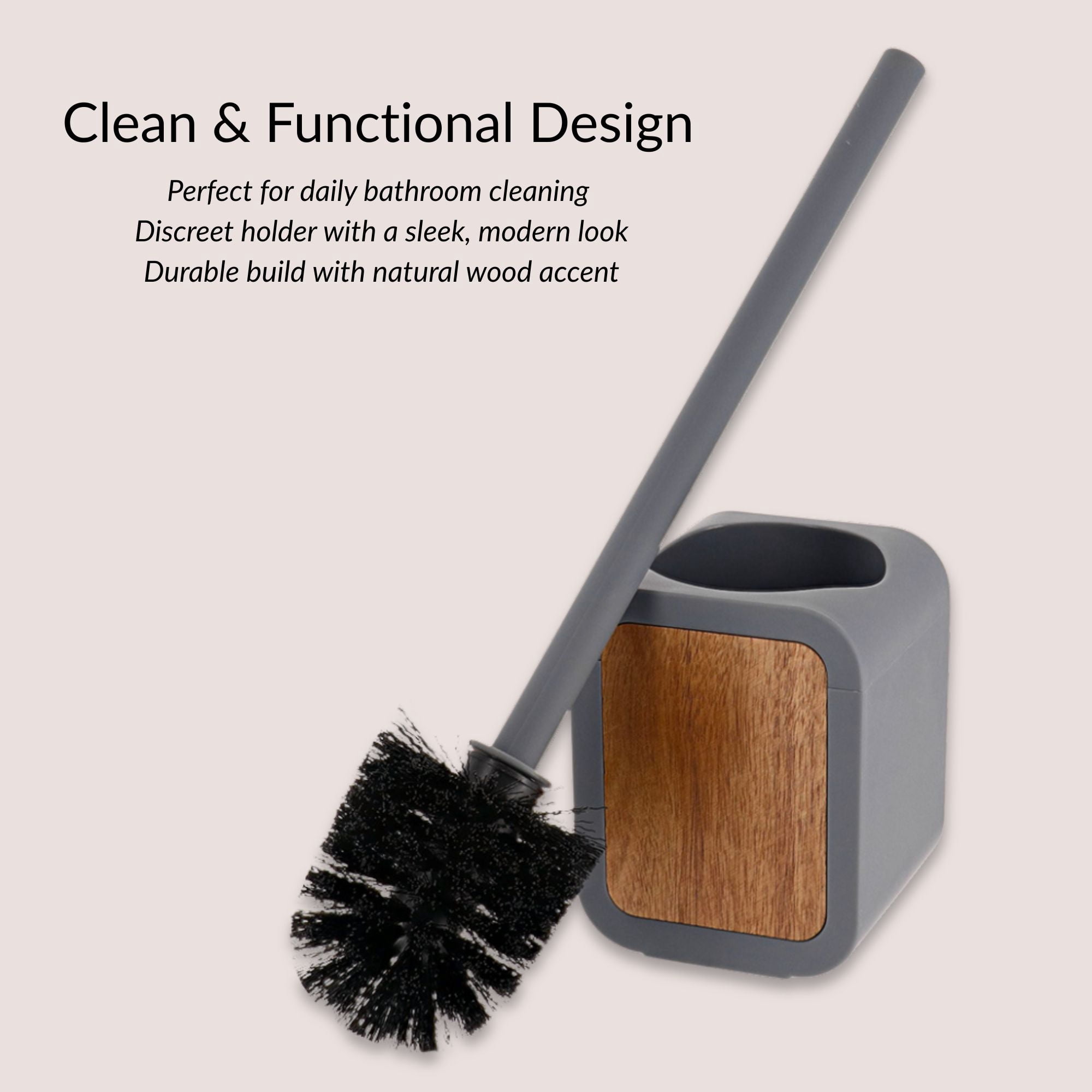 Toilet Brush and Holder Gray Rubber and Acacia