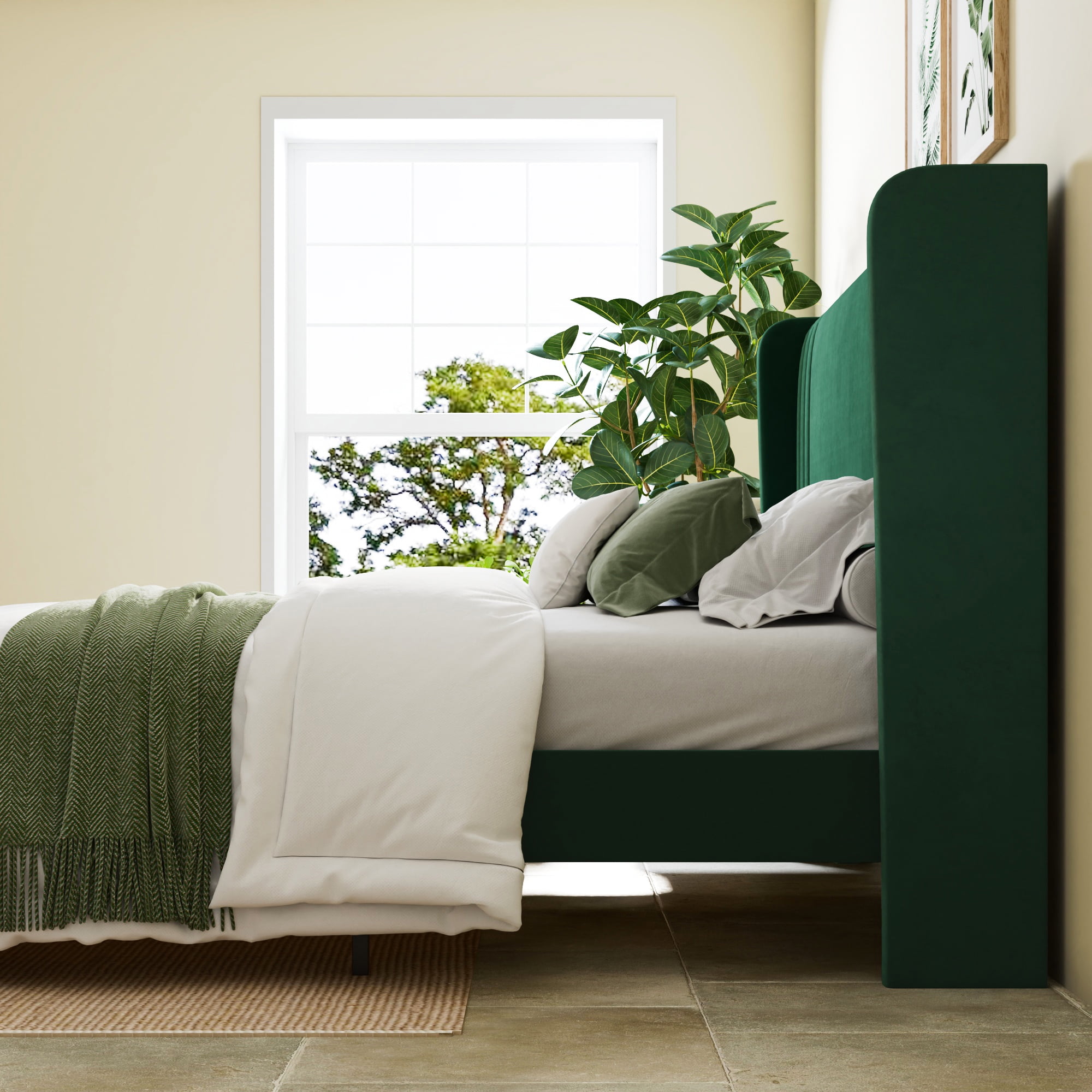 Allewie Queen Size Velvet Platform Bed Frame with Vertical Tufted Wingback Headboard, Easy Assembly, Under Bed Storage, No Box Spring Required, Modern Style, Green