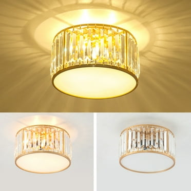 Lakiq Modern Crystal Semi Flush Mount Ceiling Fixture Gold Drum Shade for Living Room