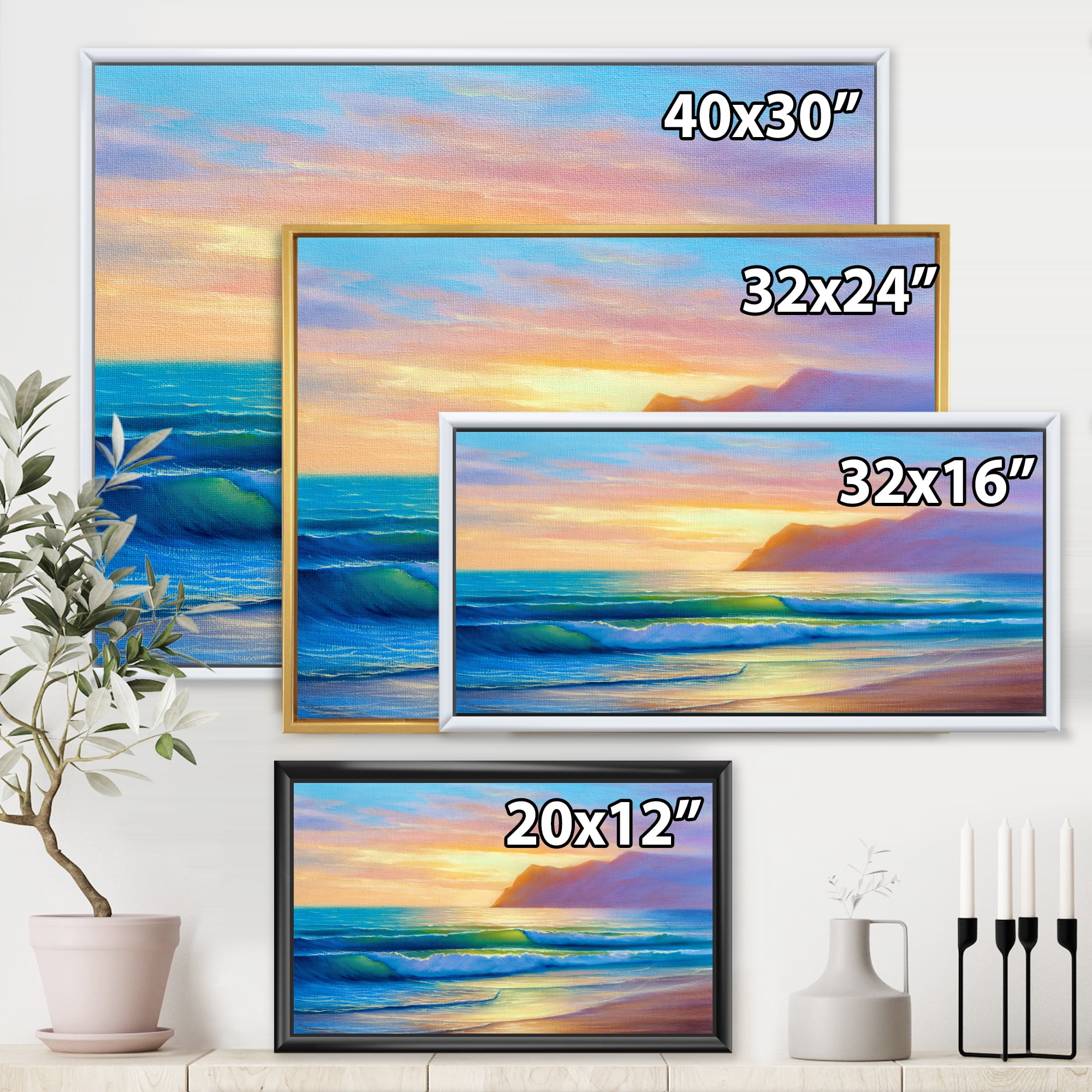 Designart 'Sunrise Glow On The Sea Waves IV' Nautical & Coastal Framed Canvas Wall Art Print