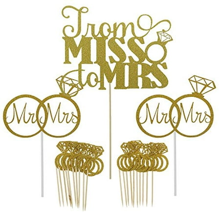 Shxstore Gold Mr Mrs Cake Topper Diamond Ring Cupcake Picks For Wedding Bridal Shower Engagement Decorations Supplies, 23