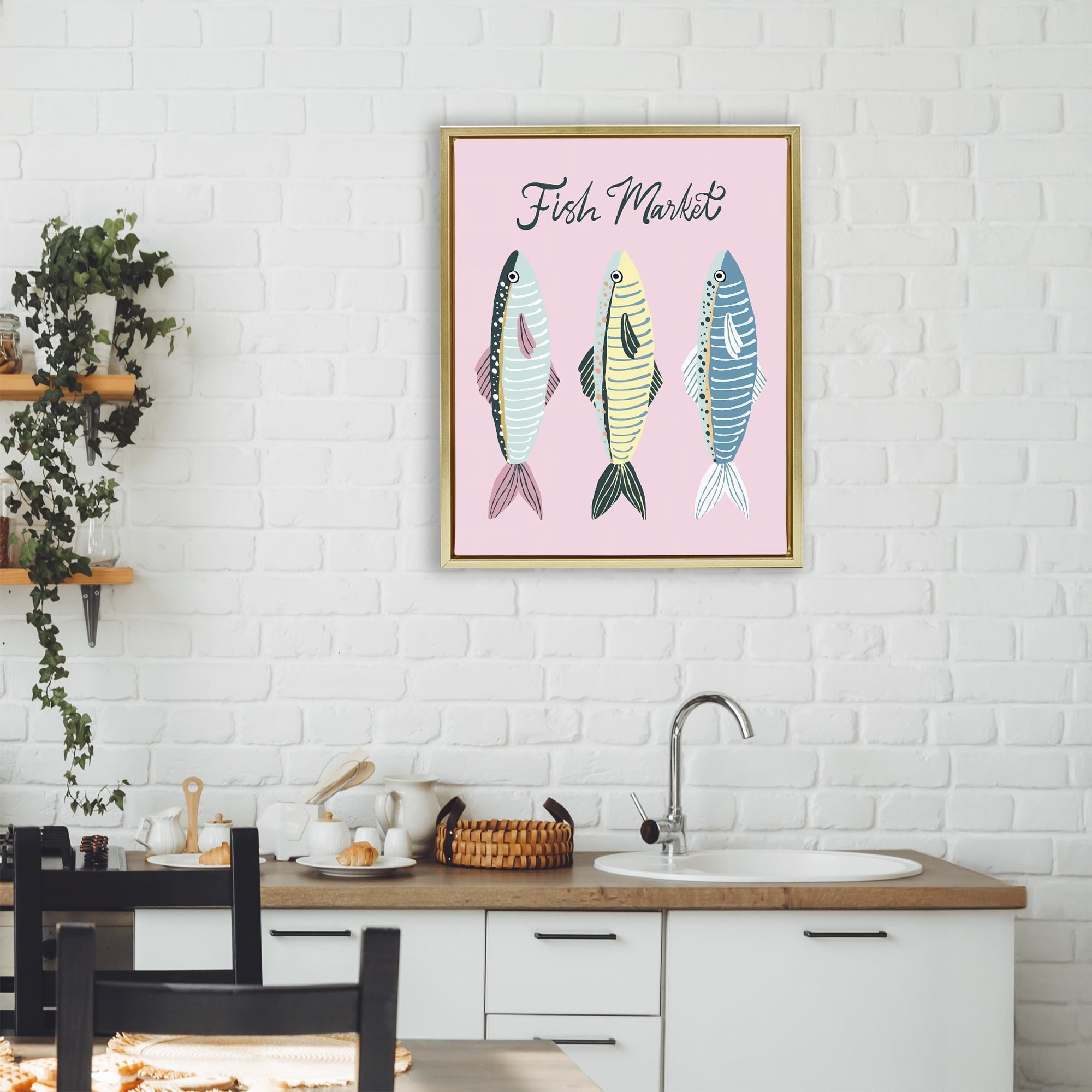 Stupell Industries Quirky Coastal Fish Market Gold Framed Floater Canvas Wall Art, design by Hey Bre! Creative Studio