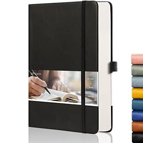 Cuaderno puntado EMSHOI - 256 pág. A5, 120gsm, cuero PU, bolsillo, 5.75'' × 8.38''-Negro