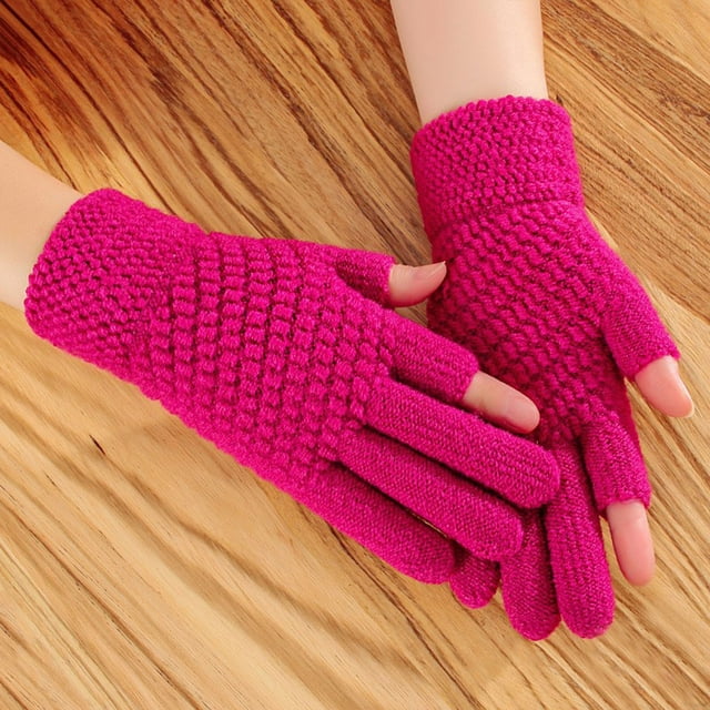 Womens Winter Screen Knit Warm Lining Three Finger Double Touchable Screen Sms Fingertip Design Mittens