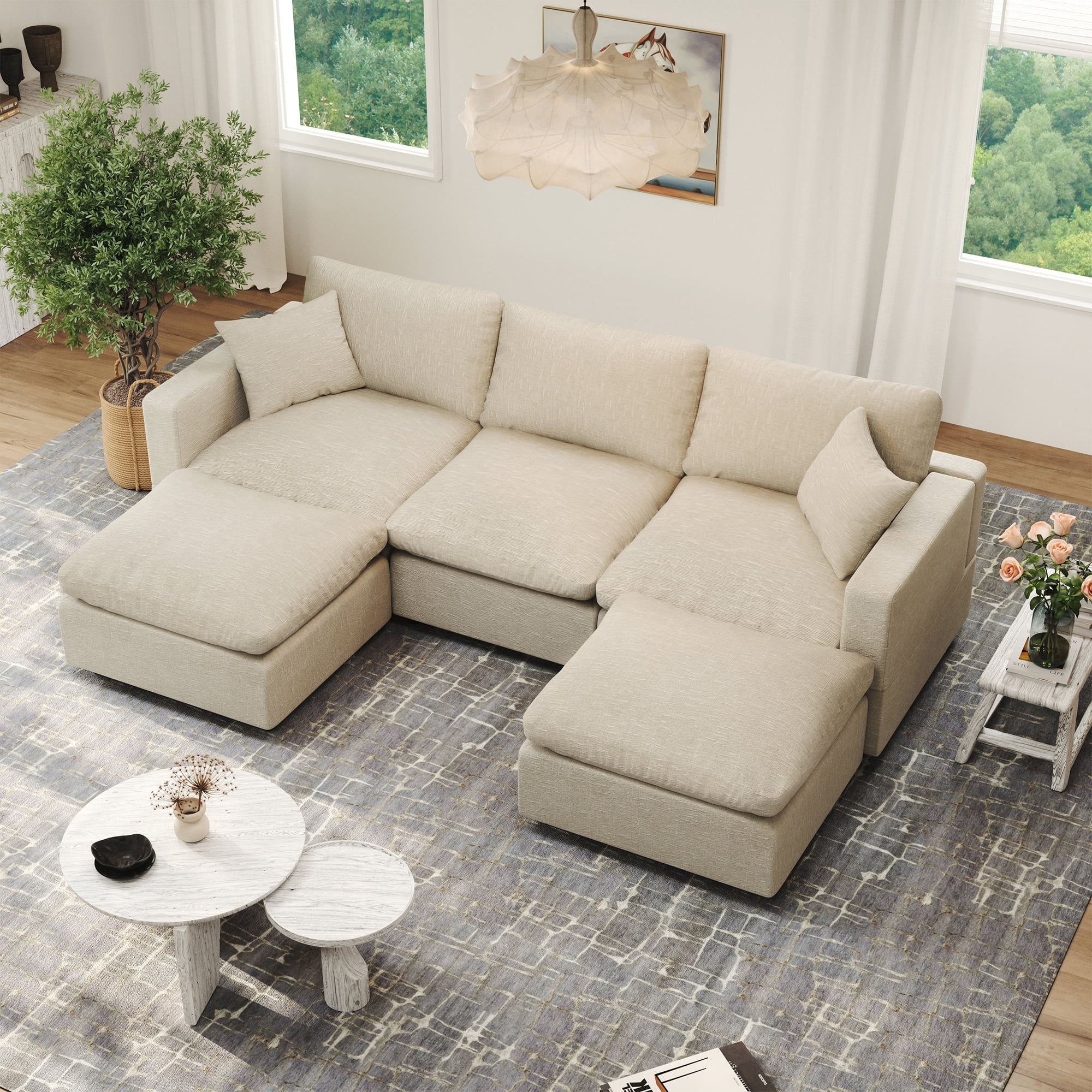 Gtilzria Cloud Modular Sectioanl Sofa Couch, Comfy Modern Sectioanl Cloud Couch U-shaped Modular Down Filled Sofa with Ottoman for Living Room Apartment Office, Beige