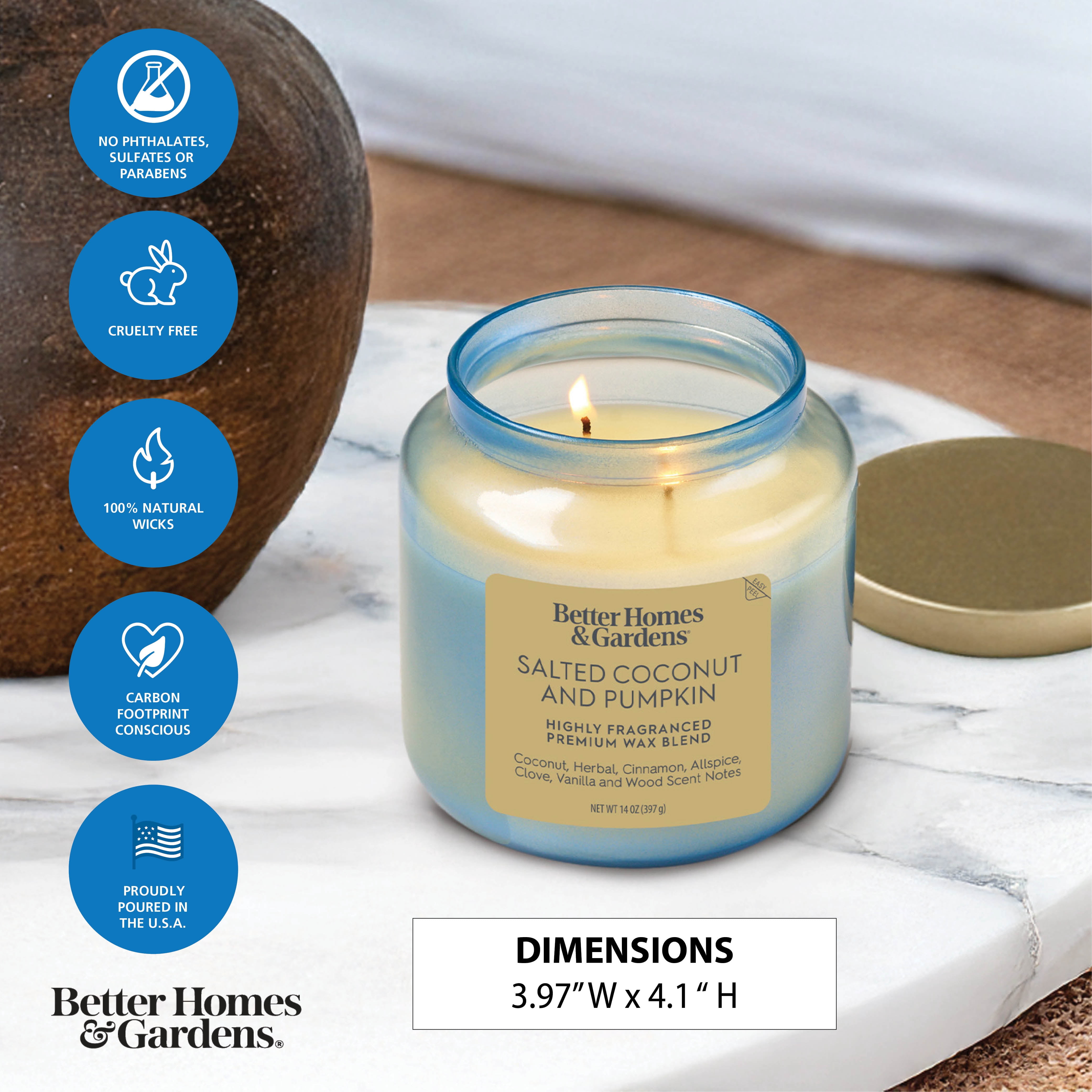 Better Homes & Gardens 2-Wick Salted Coconut & Pumpkin Candle, 14oz Blue Glass Jar with Gold Lid