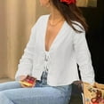 thumbnail image 3 of JGGSPWM Women's Tie Front Top, Bow Linen Shirt for Summer, White Y2K Long Sleeve Blouse, Lace Up Ruffle Babydoll Tunic, Cute Going Out Top White#/001 L, 3 of 8