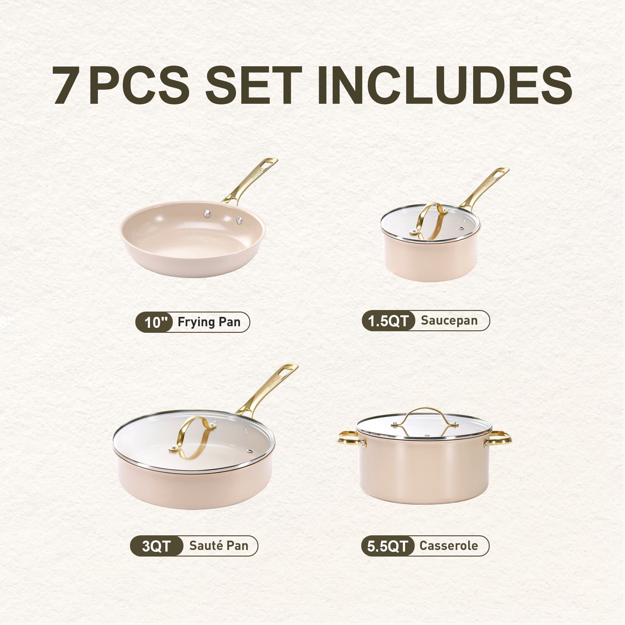 Chef Power 7 Pcs Ceramic Cookware Sets, Non-Stick Pots and Pans Set with Stainless Steel Handles, Dishwasher and Oven Safe, Taupe with Light Gold Handles
