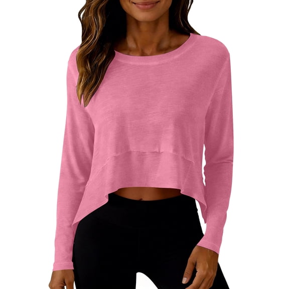 Womens Long Sleeve Cropped Tops Loose Workout Athletic T-Shirts Flowy Sweatshirt for Yoga Tiered Hem Gym Tees