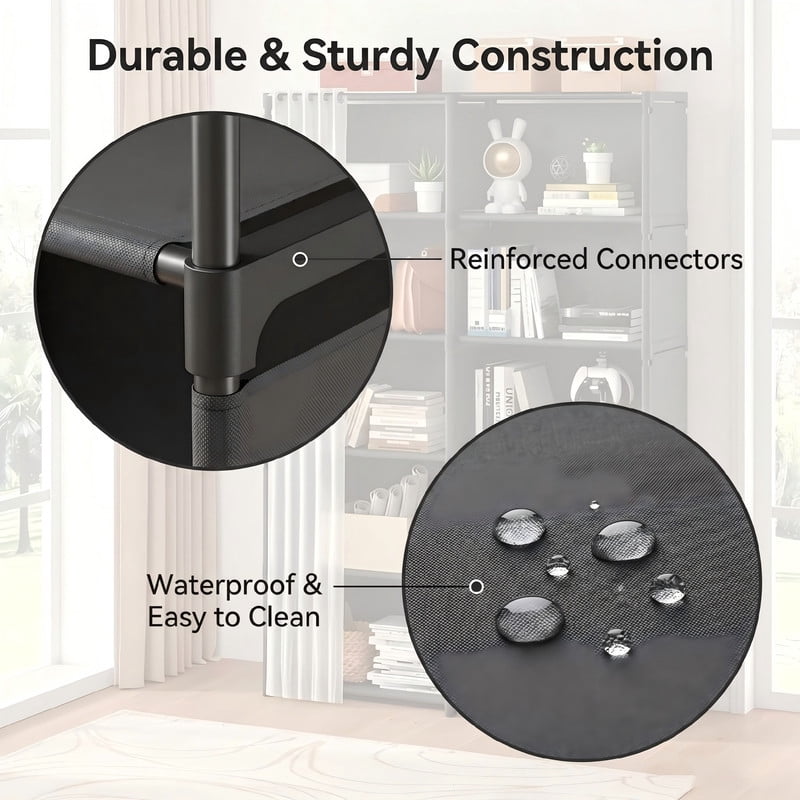Cube Storage Organizer with Sliding Dustproof Curtain, 5-Tier DIY Freestanding Bookshelf & Closet Wardrobe, Translucent Cover Storage Cabinet for Bedroom, Living Room, Office,Black