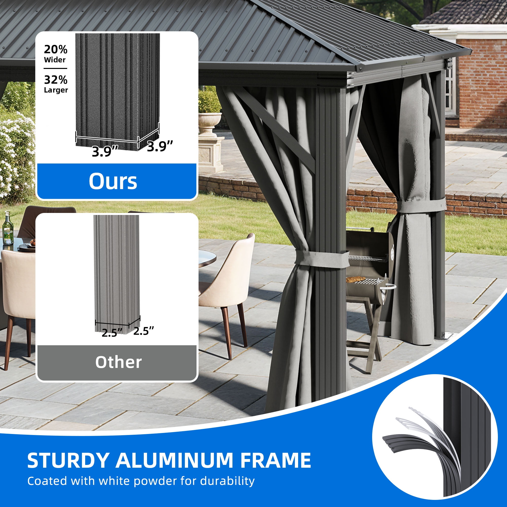 Dextrus 12x16 FT Outdoor Double Roof Hardtop Gazebo,Heavy Duty Galvanized Steel Patio Gazebo with Netting & Gray Curtains, Sunshade for Garden, Patio, Lawns, Black&Gray