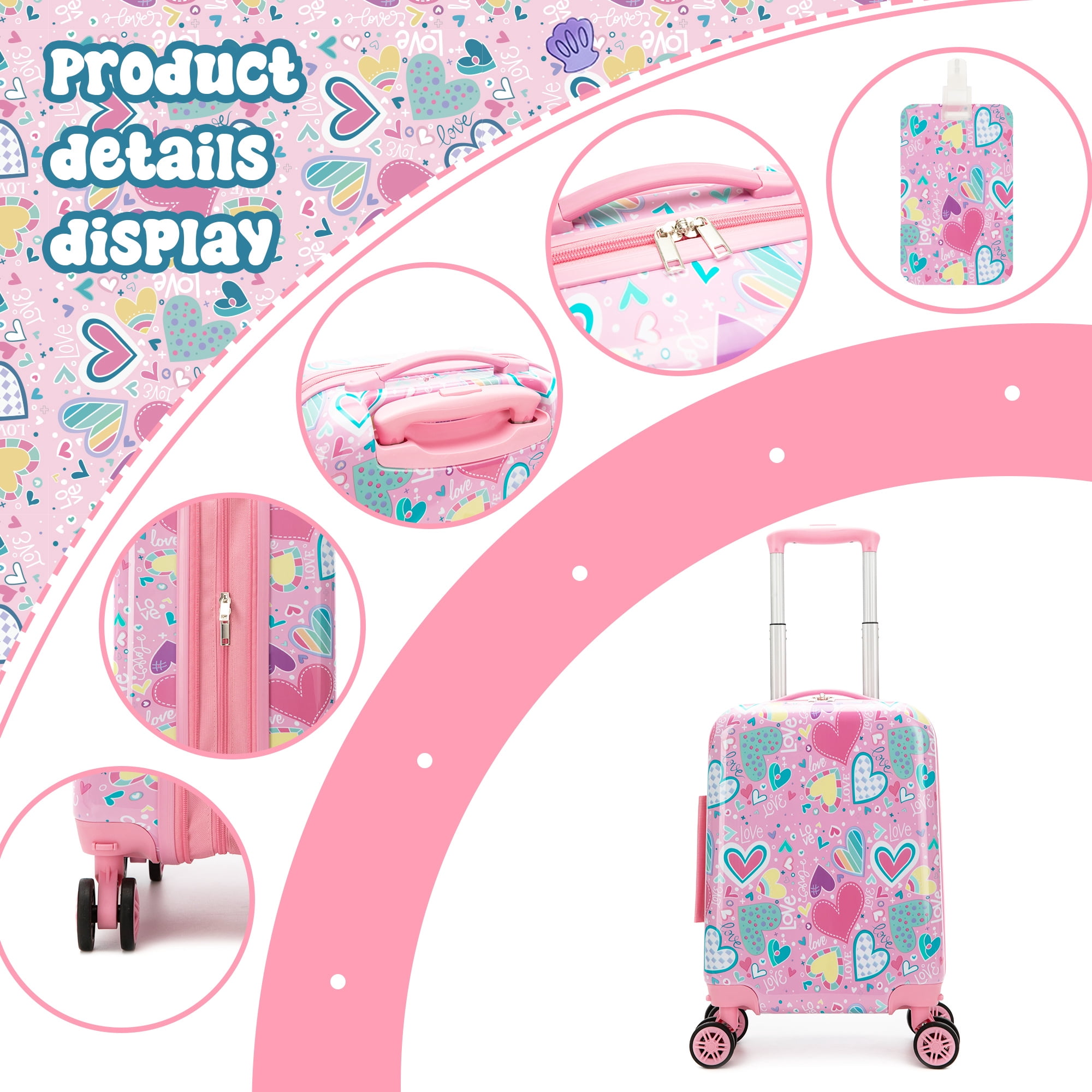 Kids Carry on Luggage Sets for Girls with Travel Pillow, Rolling Pink Suitcase with Wheels for Kids Travel Essentials Airline Approved 16 Inch