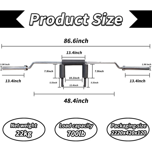 OUYAWEI Safety Squat Bar Thick Pads Collars 2in Plate Compatible Ergonomic Cambered Silver