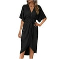 thumbnail image 2 of Women's Dresses Asymmetrical Hem Solid Color Short Sleeve V Neck Raglan Sleeve Casual Dress Black XL, 2 of 6