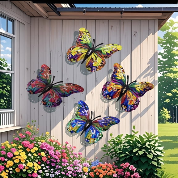 Metal Butterfly Wall Art Decor 4 Pack, Colorful Hanging Butterfly Sculpture for Indoor Outdoor Garden Yard Patio Fence, Gift for Mom Friend
