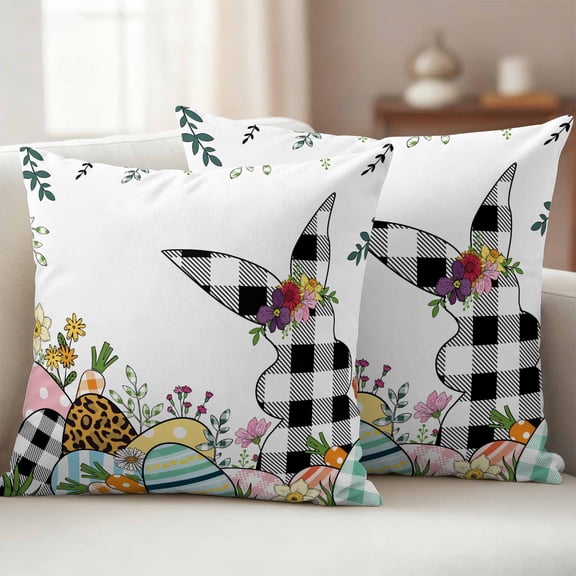 Pack of 2 Outdoor Pillow Covers,Waterproof Black Plaid Bunny Easter Throw Pillow Covers,Spring Floral Eggs Watercolor Decorative Pillowcases Cushion Covers for Couch Pillow Sham Protector 24x24 Inch