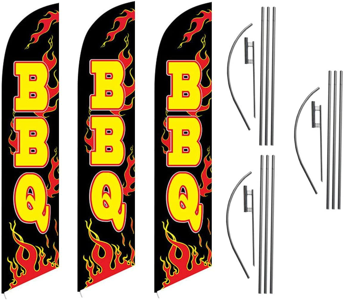 BBQ Grilled Chicken Open King Swooper Feather Flag Sign Kit with Pole and Ground Spike Pack of 3