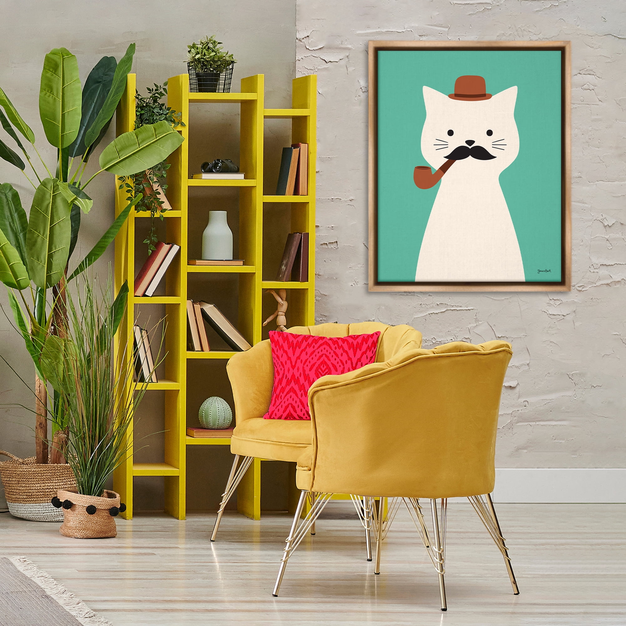 Stupell Industries Cat Smoking Pipe Animals Painting Brown Floater Framed Canvas Art Print Wall Art, 25 x 31