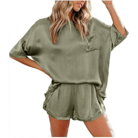 

Dillar Women s Fashion Two Piece Silk Sleepwear Nightwea Soft Casual Pajamas Sets Ladies Solid Silk Imitation Pajamas Home Two Piece Suit Casual Fashion Short Sleeve Top + Shorts Women