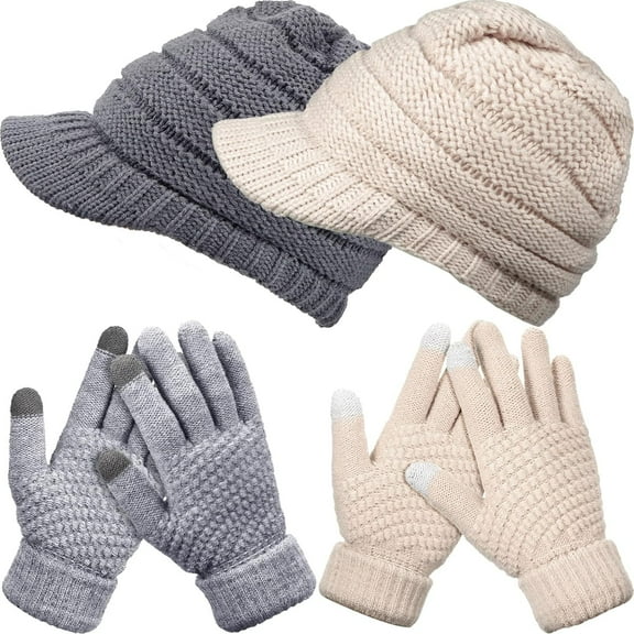 2 Sets Winter Hats Gloves for Women Knit Beanie Slouchy Women Winter Brim Hat Women Touchscreen Glove Winter Beanie with Brim
