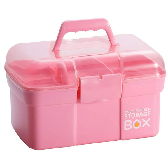 Kinsorcai 11'' Plastic Storage Box with Removable Tray, Multipurpose Organizer and Storage Case for Art Craft and Cosmetic (Pink)