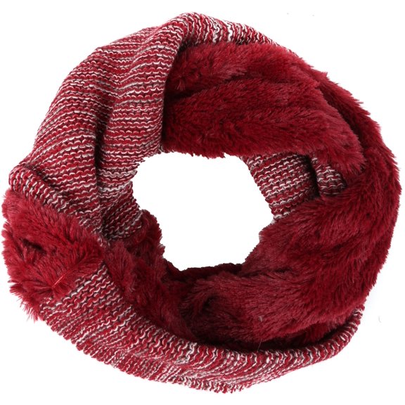 Sakkas Sele Short Two Textured Faux Fur Ribbed Knit Mixed Designed Infinity Scarf - Burgandy - OS