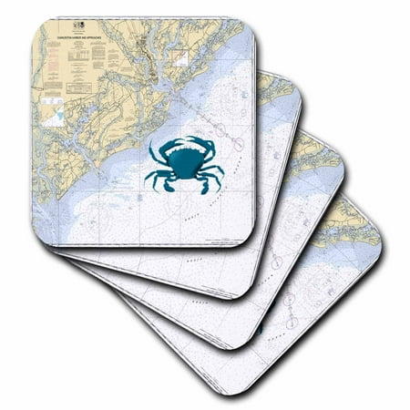 3dRose Print of Charleston Harbor Chart With Blue Crab, Soft Coasters, set of