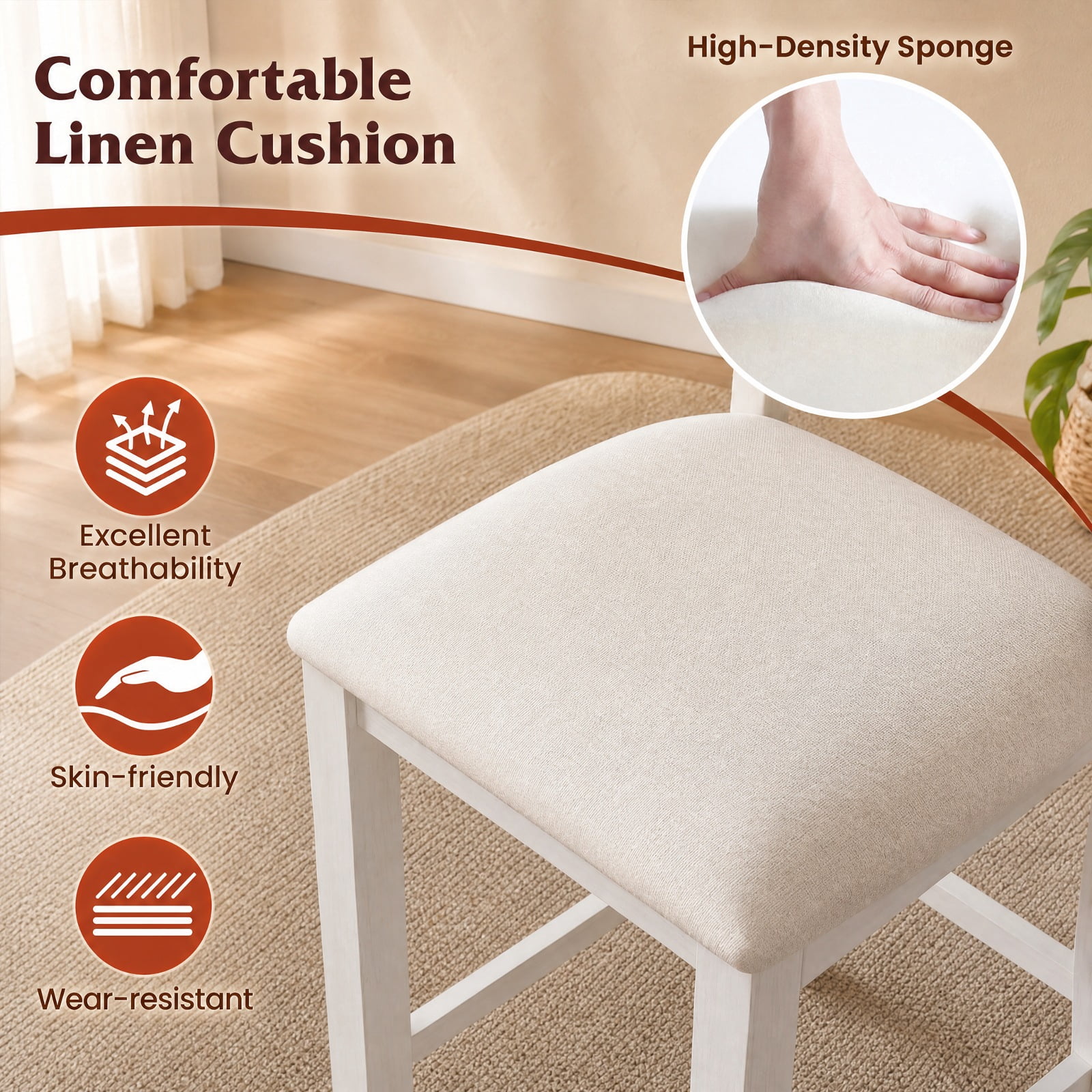 Furnibear Modern Farmhouse Counter Height Stools with Footrest and Cushion for Kitchen Island Counter Bar Pub Dining Home, White