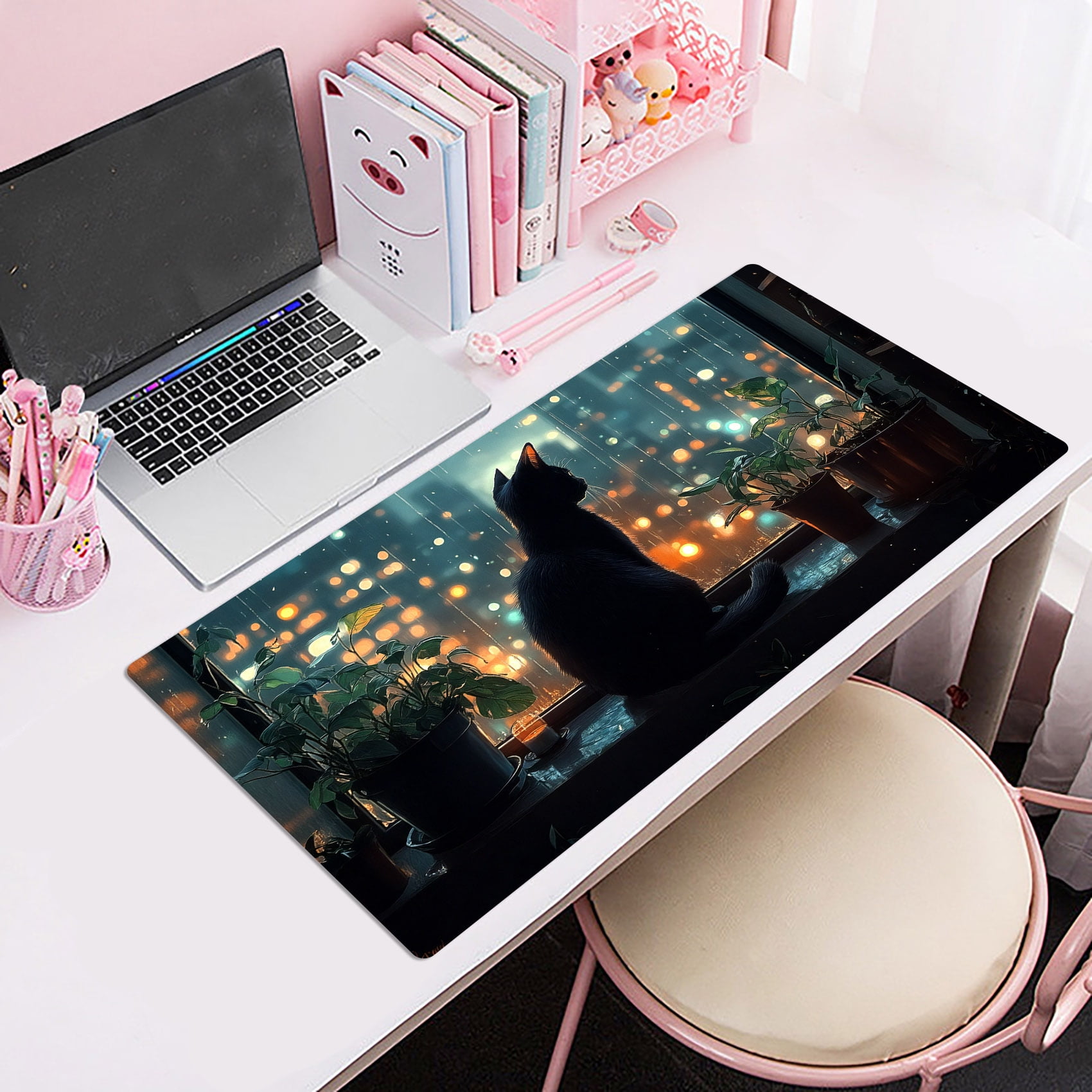 NEONWE Black Cat Gaming Mouse Pad Green Plants Japanese Anime Cute Large Desktop Mouse Pad with Stitched Edges Non-slip Rubber for Work Game Office Home, 3mm Thick, 31.5 X 15.75 Inch