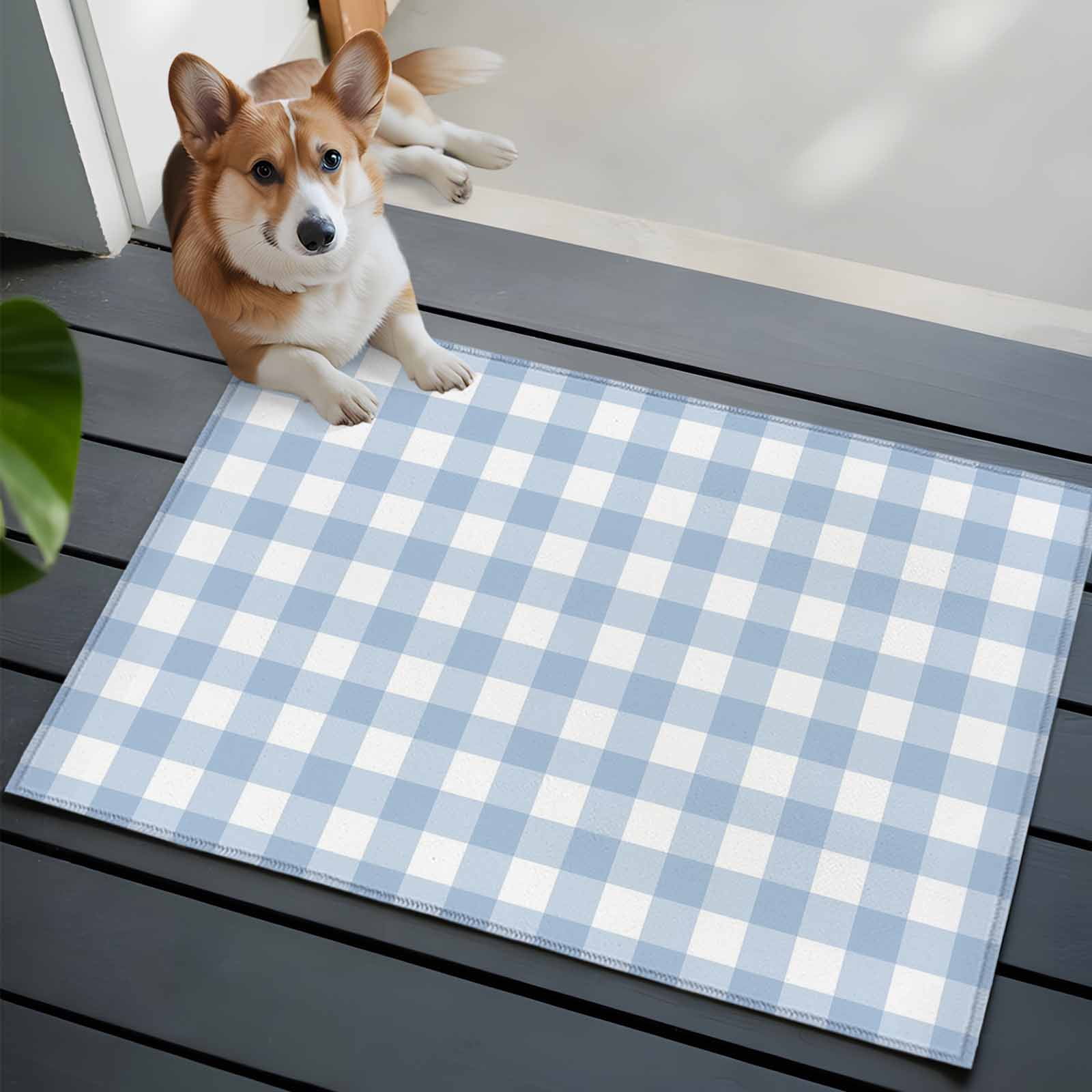Light Blue Plaid Entryway Rug 2'x3'&nbsp; Non Slip Front Door Mats, Modern Minimalist Country Entrance Rugs Indoor Outdoor Carpet, Washable Floor Mats Small Area Rug for Bedroom Kitchen