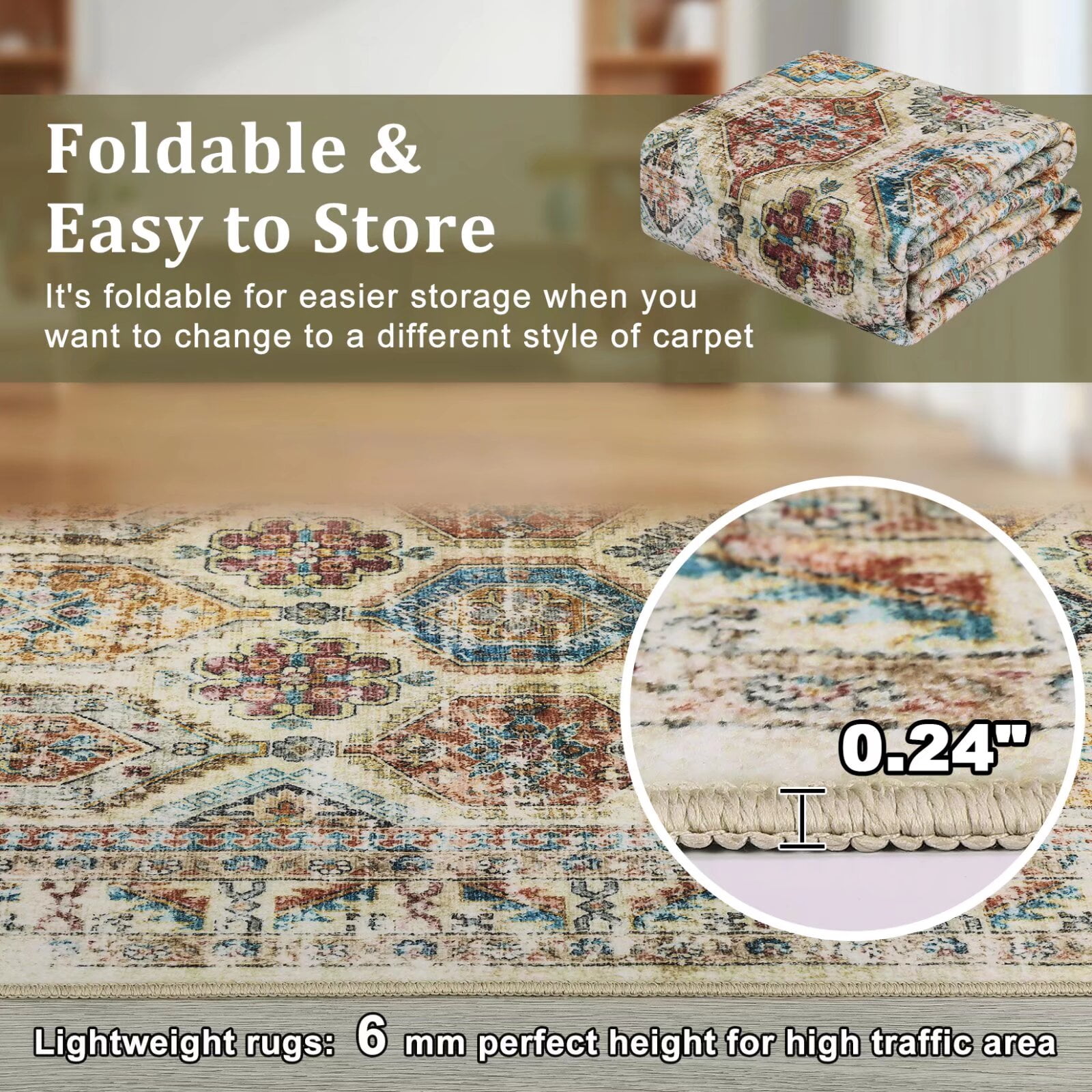 Hasoo Indoor Washable Area Rug 9' x 12' Floral Rugs for Living Room Geometric Throw Floor Mats Non-Slip Accent Carpet Colorful