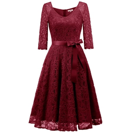 Market In The Box Women Lace Dress Vintage Reto Dress Midi Dress V Neck Lace 3/33 Sleeve Bridesmaid Dress Wedding Guest Homecoming (Best Fall Wedding Guest Dresses 2019)