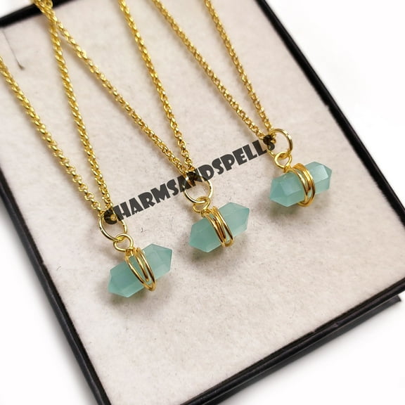 Aqua Chalcedony Pencil Necklace, 14K Gold Plated Necklace, Gemstone Wire Wrapped Charms Pendant, Summer Jewelry, Gifts For Her Necklace