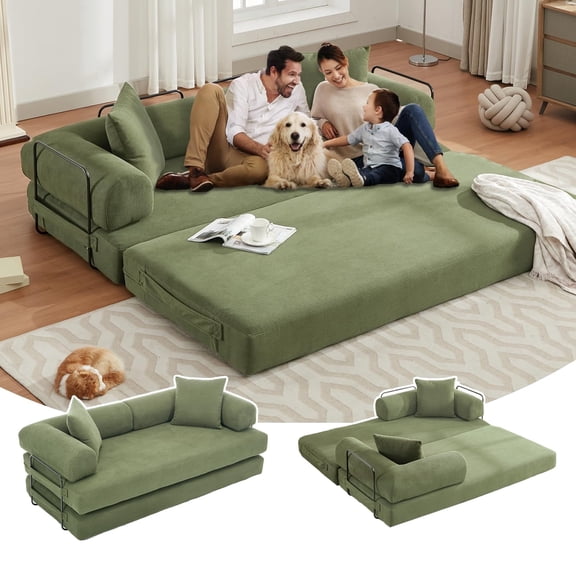 CAPCAEK 78.5" Convertible Sofa Bed, Corduroy Foldable Sleeper Loveseat with Memory Foam and 2 Pillows, Green
