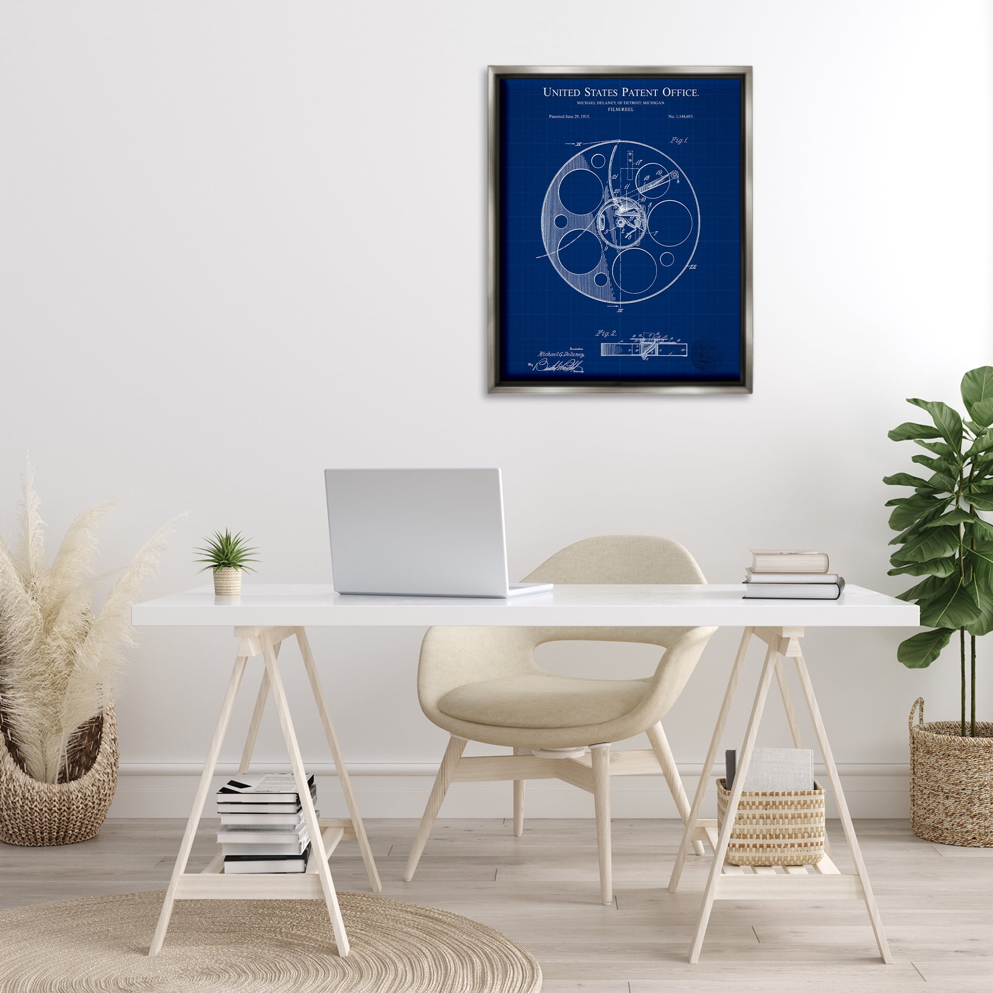 Stupell Industries Film Reel Blueprint Typography Painting Gray Floater Framed Art Print Wall Art, 25 x 31