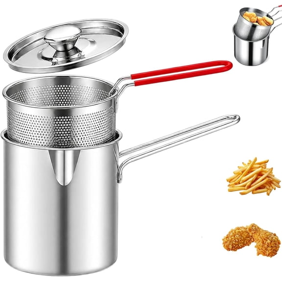 Mini Deep Fryer with Basket, Stainless Steel Deep Fryer Pot (Three Piece Set)
