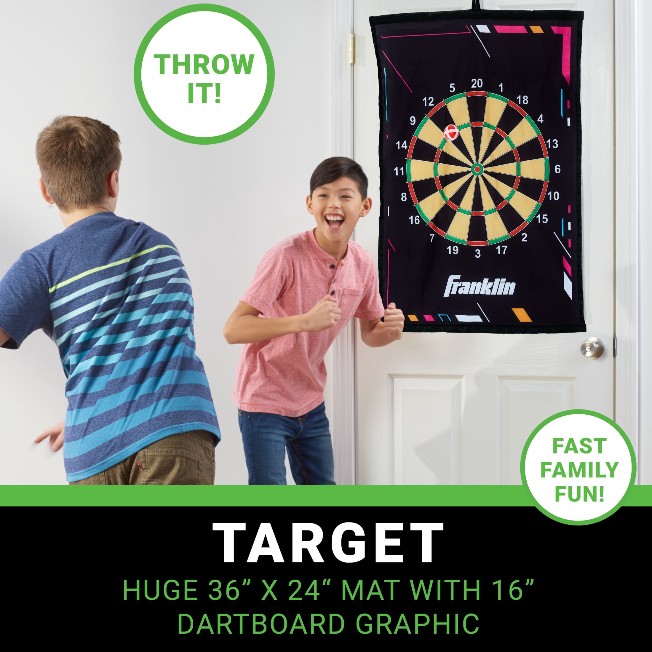 Franklin Sports Kids Dartboard Target Toss Game - Over The Door Ball Dart Game with Target + (6) Self-Stick Balls - Indoor - Boys + Girls - Ages 6+