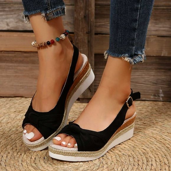 WIZUTIZ Wedge Sandals for Women Dress Sandals for Women Workout Comfortable Elastic Bow Tie Sandals Pull-On Round Toe Summer Shoes Flat Heel (O"-1) Wide Solid Sandals Beach Savings Black