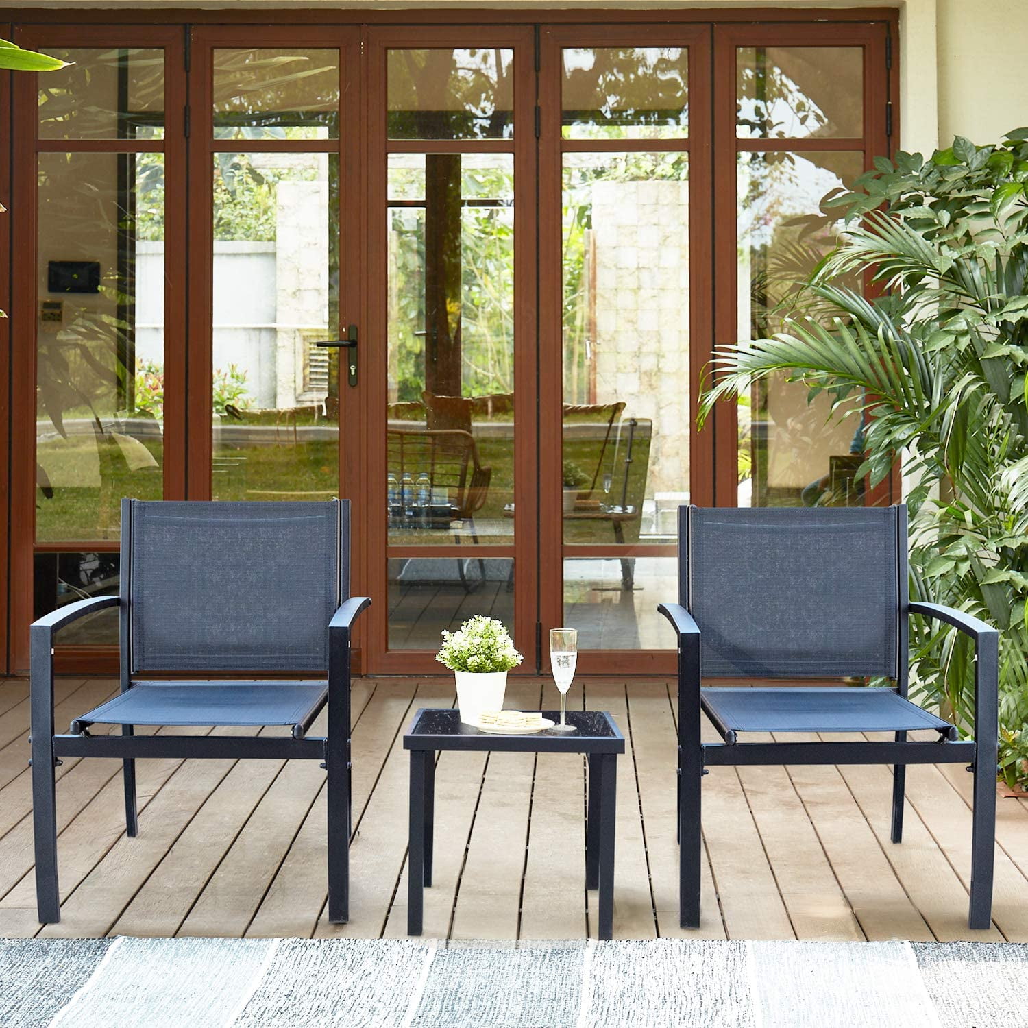 Devoko 3 Pieces Patio Furniture Set Textilene Bistro Set Outdoor Conversation Set Modern Porch Furniture Lawn Chairs with Coffee Table, Black