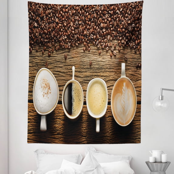 Coffee Tapestry, Assortment of Coffee Cups with Beans on Wooden Table Americano Cappuccino Mug, Fabric Wall Hanging Decor for Bedroom Living Room Dorm, 5 Sizes, Brown White, by Ambesonne