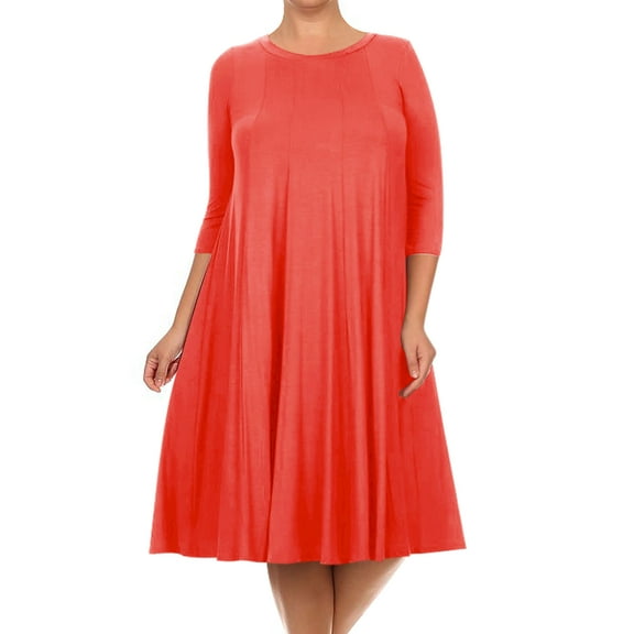 Women's Plus Size Casual 3/4 Sleeves Basic A-Line Pleated Solid Midi Dress