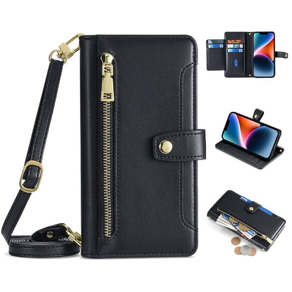 ELEHOLD Zipper Wallet Case for Samsung Galaxy S23 Ultra 6.8 Inch with Card Slots Zipper Pocket Kickstand Crossbody Shoulder Strap Wrist Strap Premium Leather Wallet Purse Case,Black